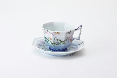 深川製磁  萩花見 八角紅茶碗皿 有田焼 １客 新品未使用 FUKAGAWA