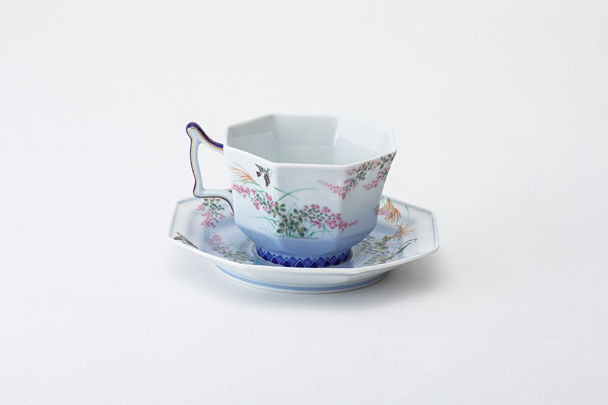 深川製磁  萩花見 八角紅茶碗皿 有田焼 １客 新品未使用 FUKAGAWA