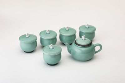 笹青磁うさぎ　急須茶器揃
