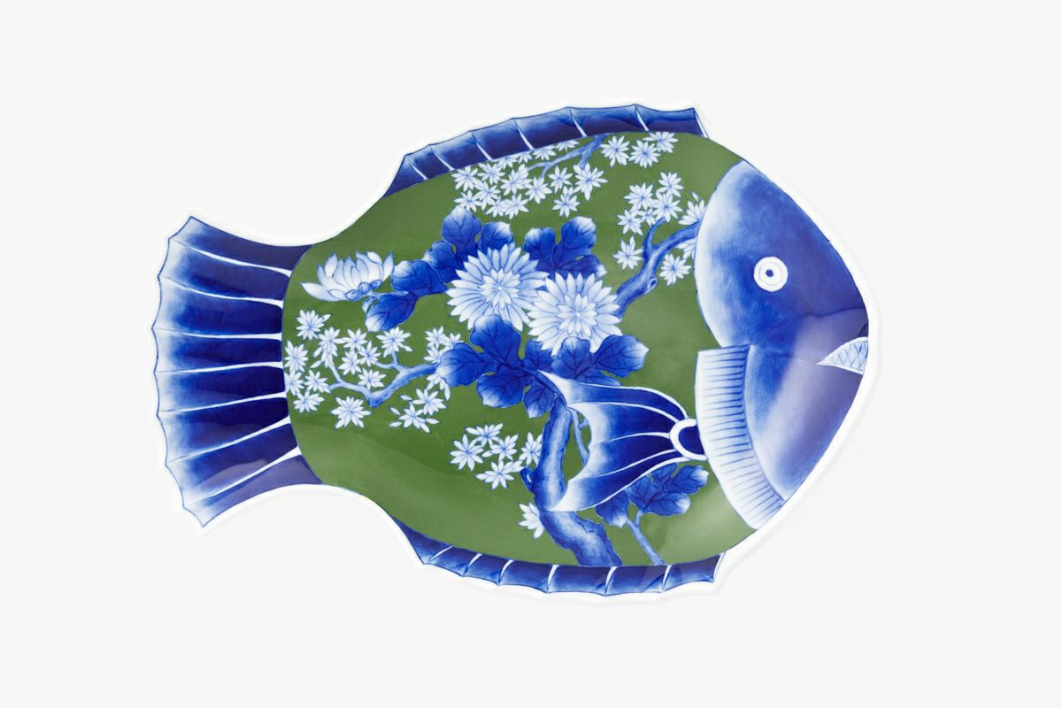 商品販売深川製磁　染付菊絵　魚型皿 食器
