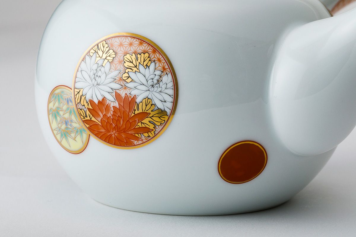 深川製磁 寿赤絵福重ね茶器揃(急須、湯呑みセット) 打ちこみ 新品箱付き
