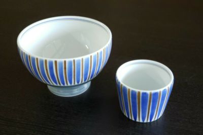 古代縞　深丼＆そば猪口揃